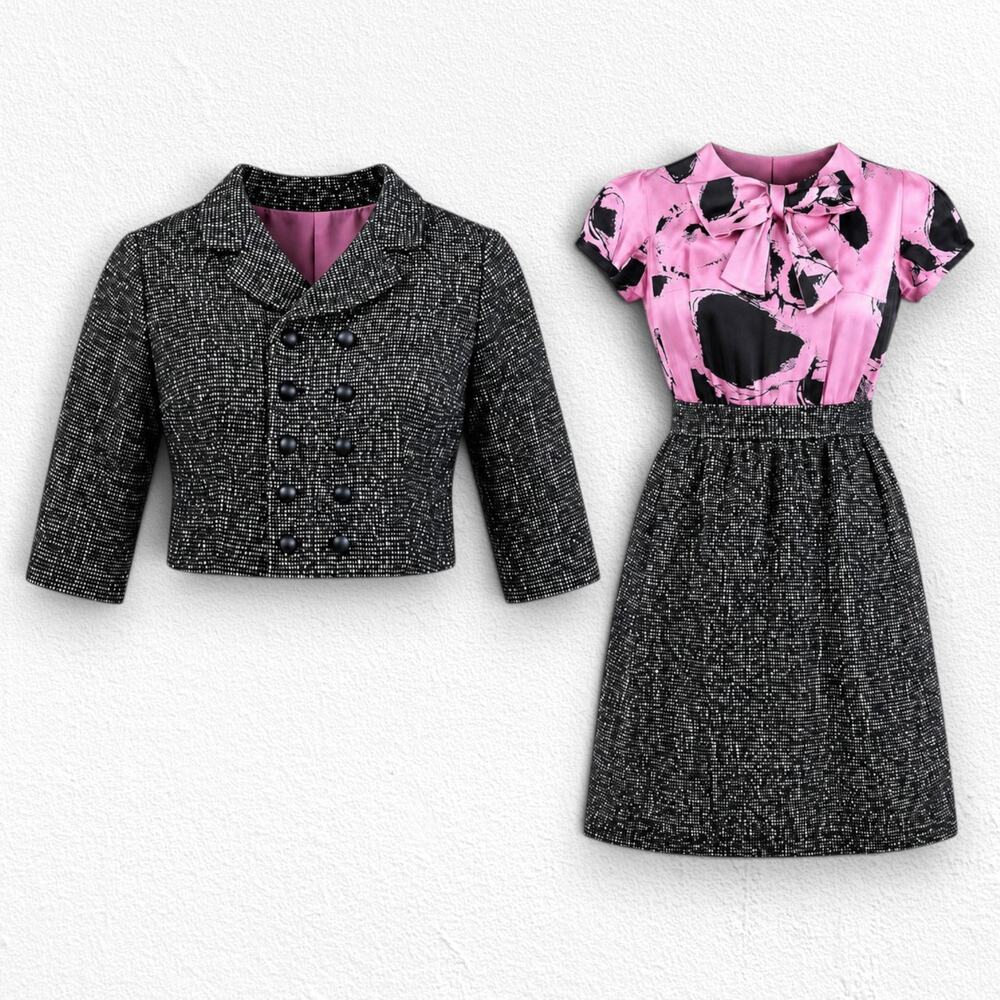 1950s Shannon Rodgers Pink Bow Tweed Dress Jacket Set Size Small ILGWU USA Made